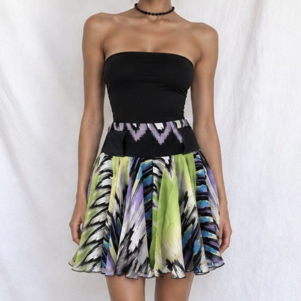 Vintage Y2K 90s Black Silk White Purple Green Flared Pleated Mini Skirt Size S